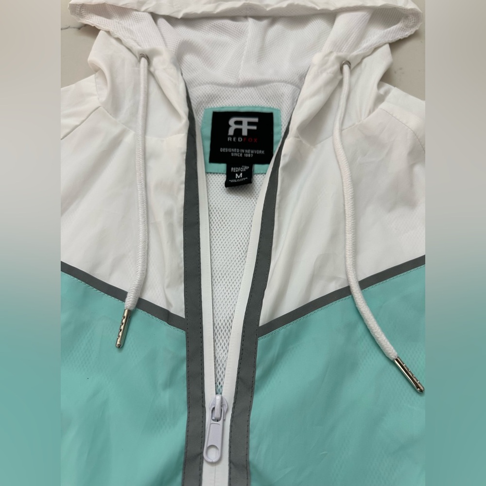 Stylish Teal and White Hooded Raincoat - Picture 2 of 7